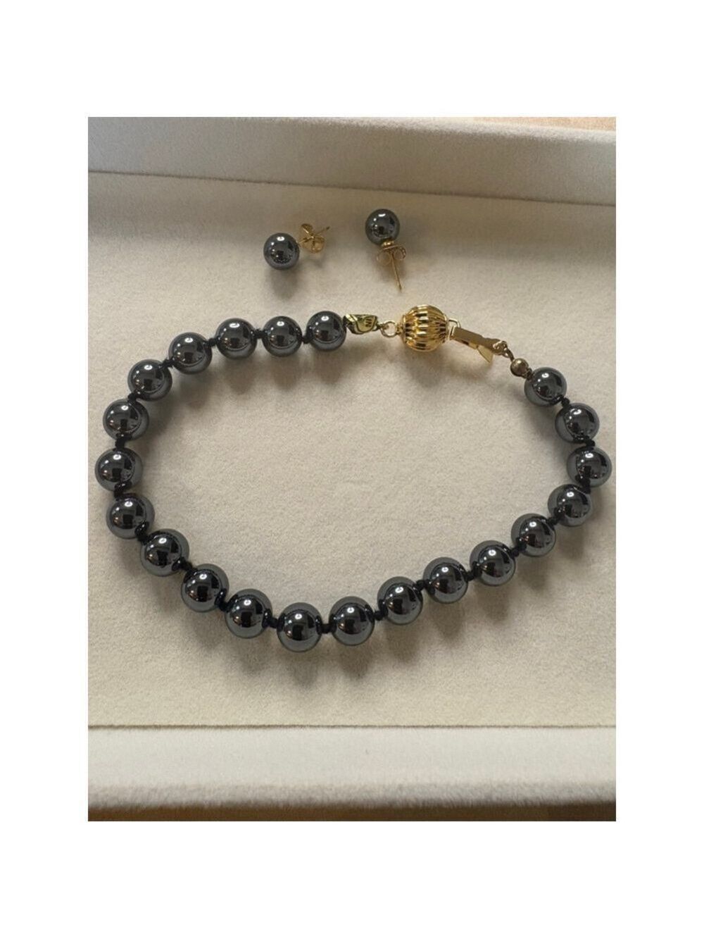 Hand Knotted Hematite Bracelet & Earring Set Focus Strength Calm Gray/Gold